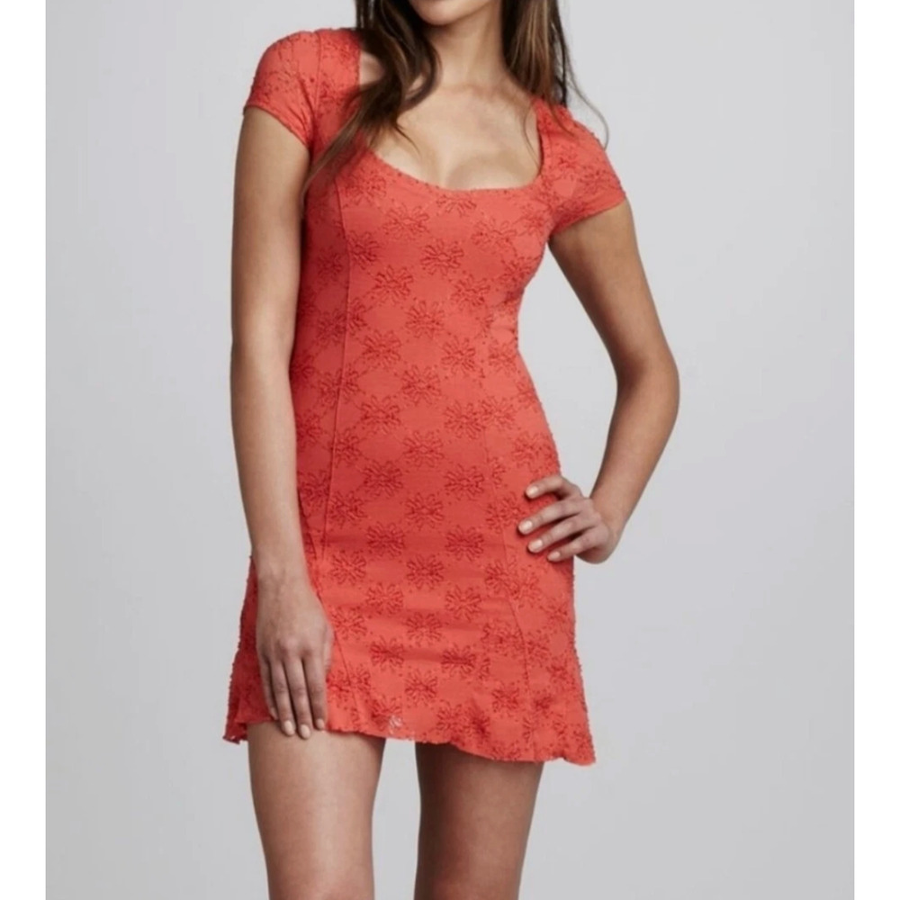 Free People Daisy Godet S Lace Mini Dress $98 Red Coral Floral Boho 90's Skater